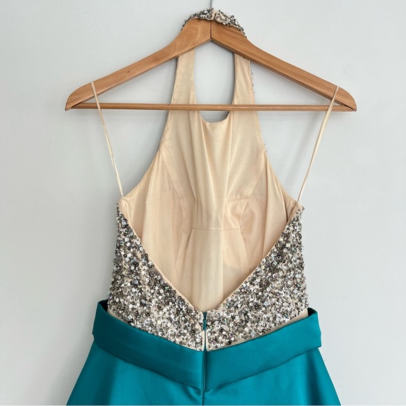 JOVANI Teal Beaded Sequins Halter Wedding Ball Gown Formal Evening Dress Sz 8 - Picture 8 of 16